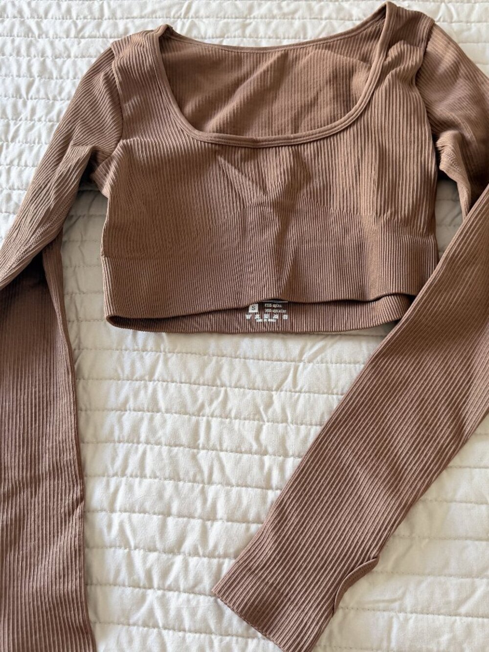 OQQ Ribbed Scoop Neck Long Sleeve Crop Top Mocha
